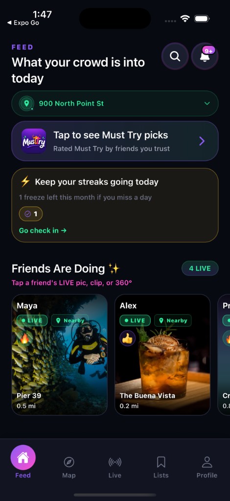 MustTry Feed — see who's LIVE, streaks, and what friends are doing